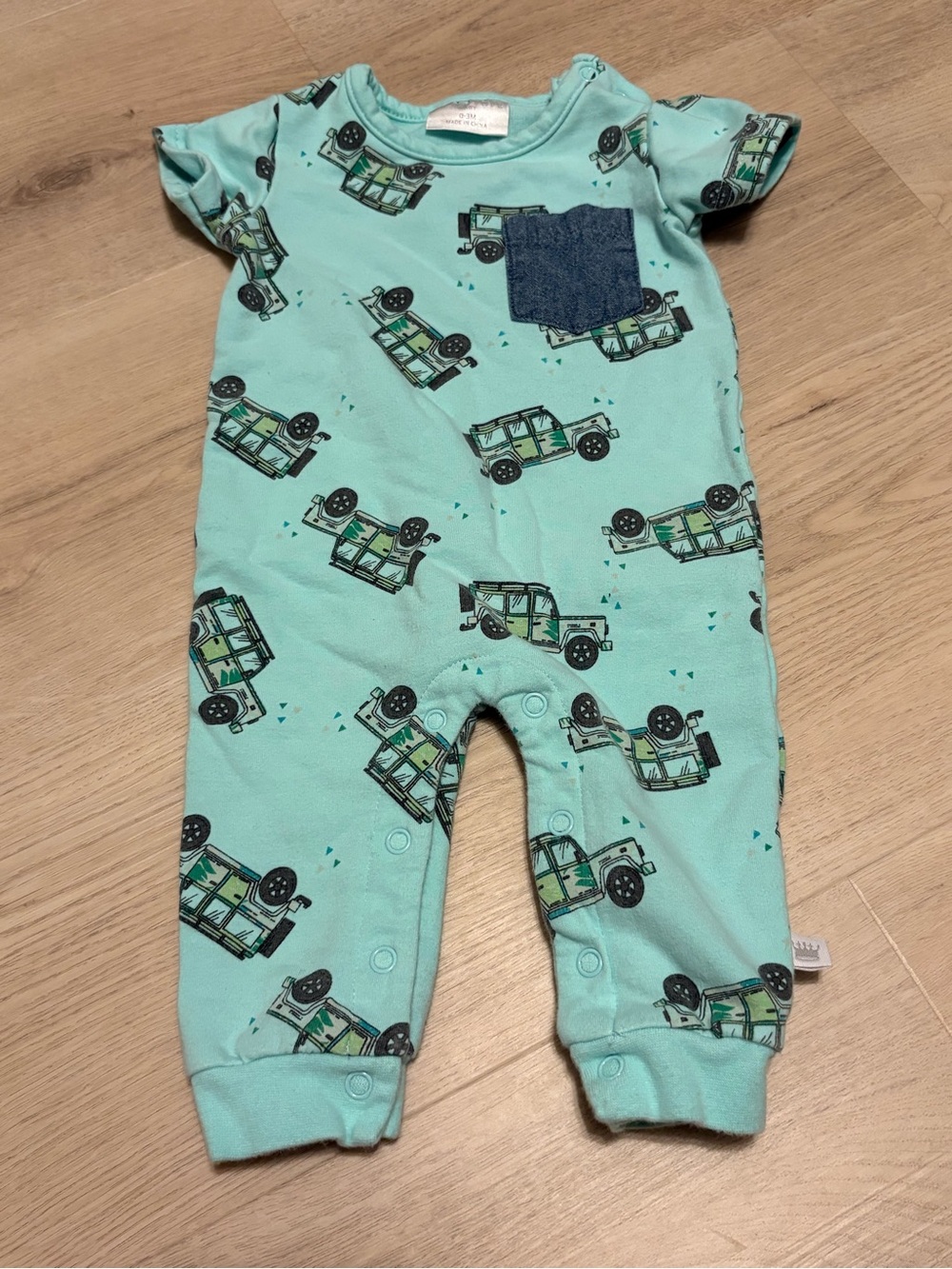 Rosie Pope Teal Jeep-Print One-Piece with Denim Pocket